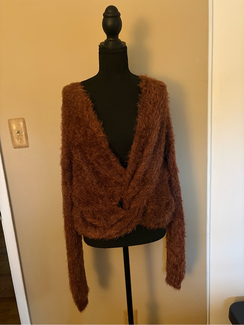 Faux-Fur Textured Twist-Front Sweater in Rust Brown